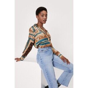 Nasty Gal Multicolor Paisley Satin Button-Up Blouse - Teal, Gold, Brown